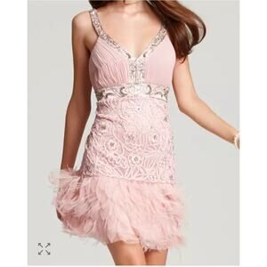 Sue Wong Nocturne Mini Feather Party Dress Size 14 Pink Rose Beaded‎ Embellished